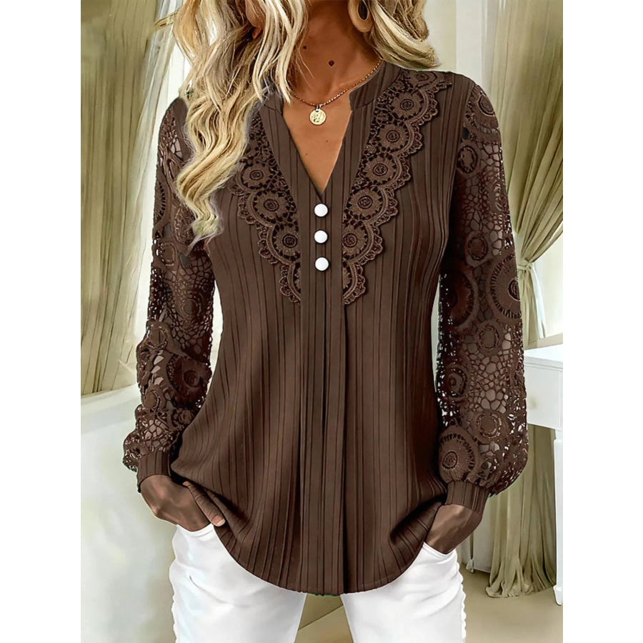 Lace Long Sleeve Notched Blouse Coffee Brown / S Apparel and Accessories