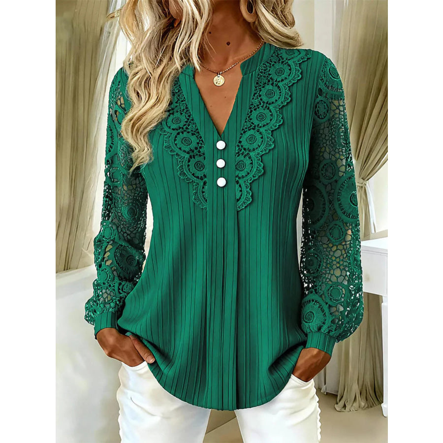 Lace Long Sleeve Notched Blouse Green / S Apparel and Accessories