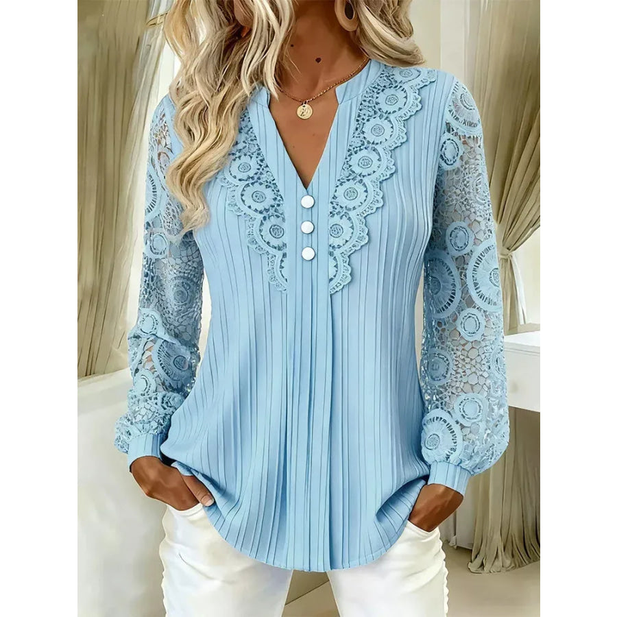 Lace Long Sleeve Notched Blouse Sky Blue / S Apparel and Accessories