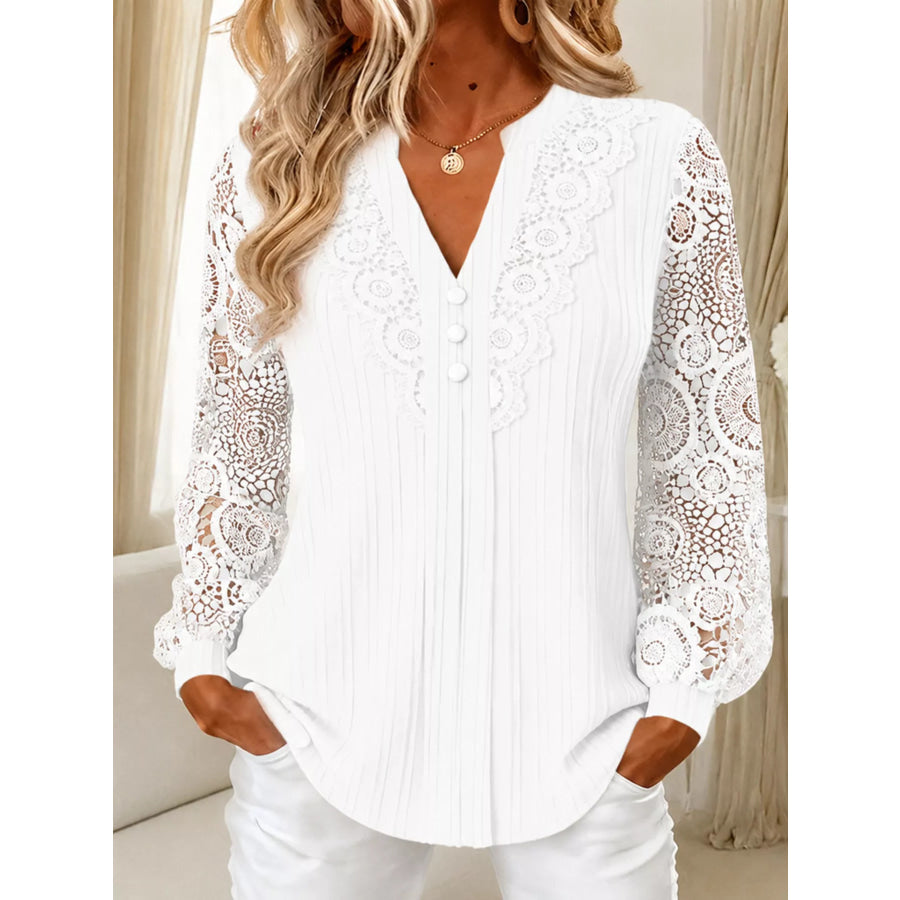 Lace Long Sleeve Notched Blouse White / S Apparel and Accessories