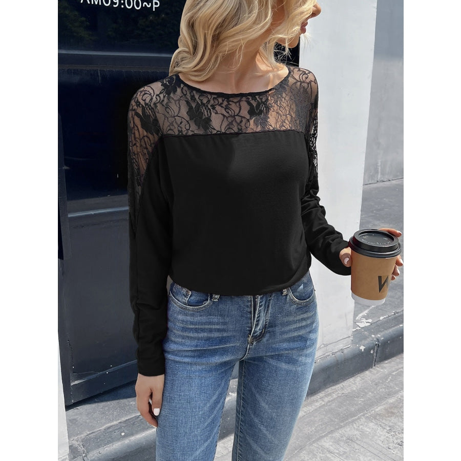 Lace Long Sleeve Round Neck Tee Black / S