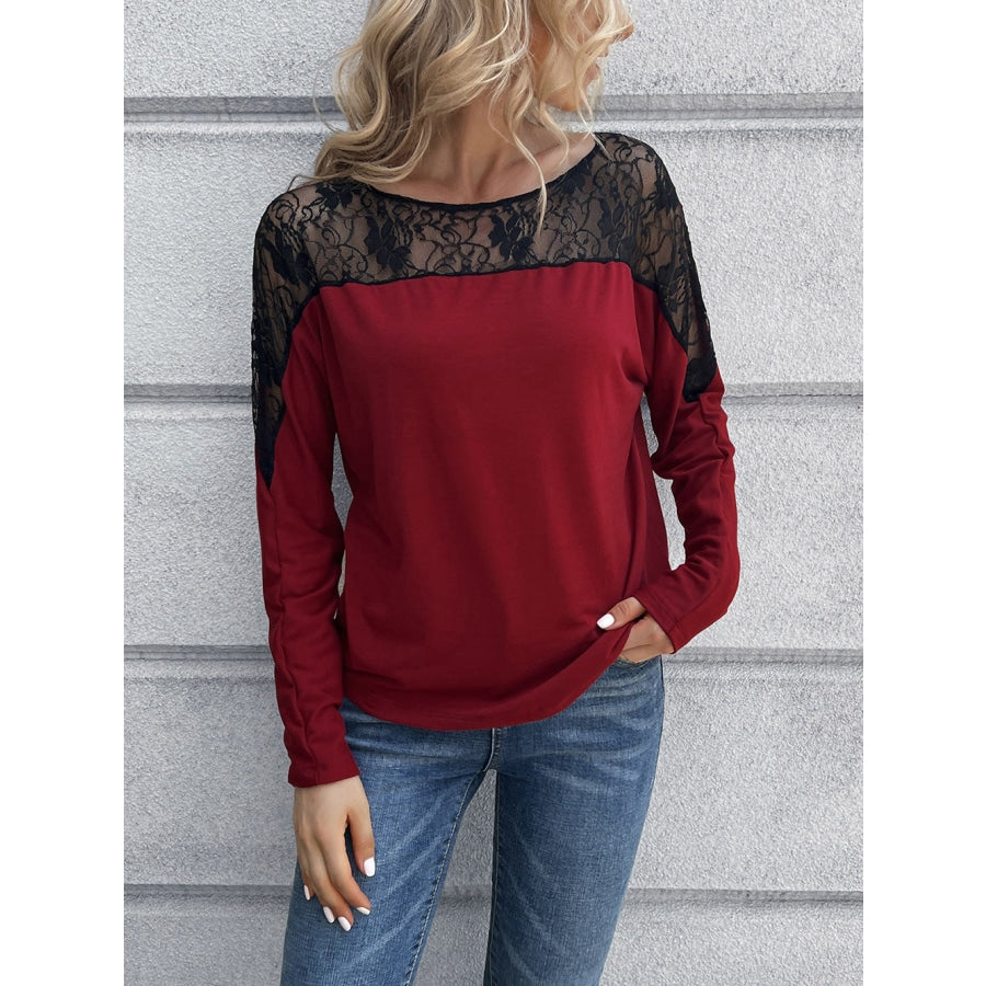 Lace Long Sleeve Round Neck Tee