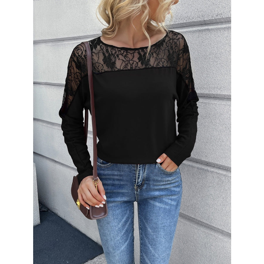 Lace Long Sleeve Round Neck Tee