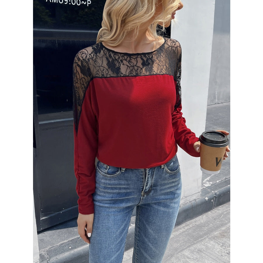 Lace Long Sleeve Round Neck Tee Wine / S