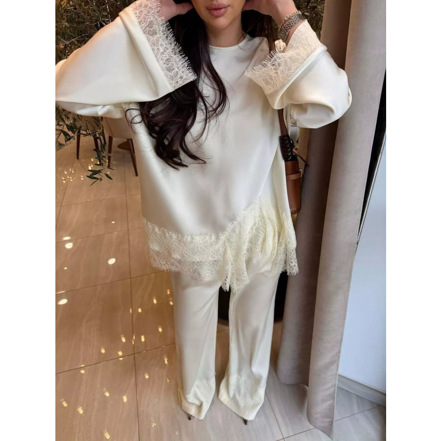 Lace Long Sleeve Top and Pants Set Cream / S Apparel Accessories
