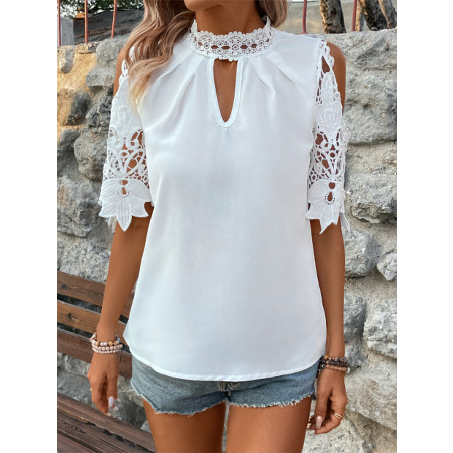 Lace Mock Neck Cold Shoulder Blouse White / S Apparel and Accessories