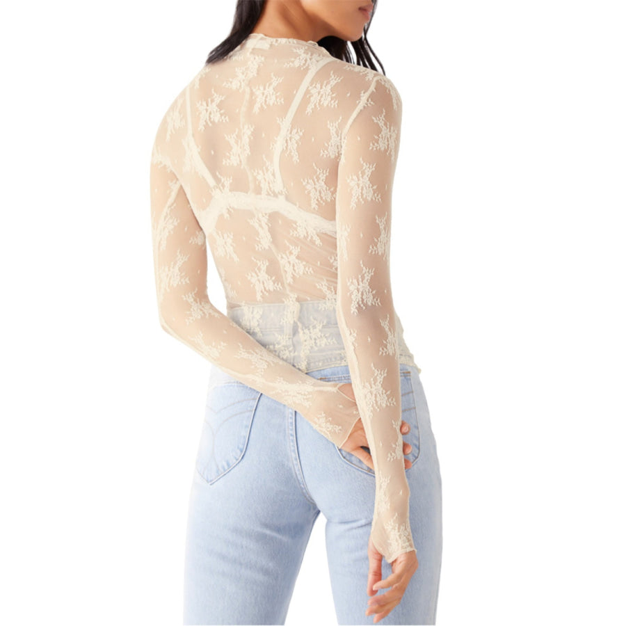 Lace Mock Neck Long Sleeve Blouse Apparel and Accessories