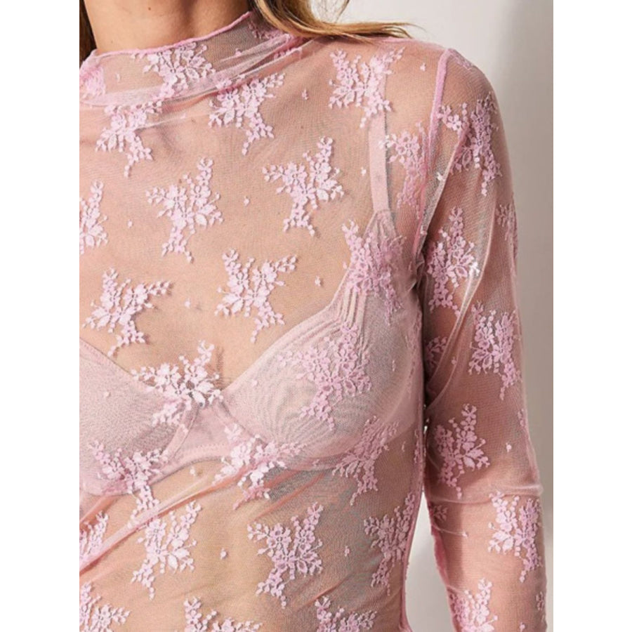 Lace Mock Neck Long Sleeve Blouse Apparel and Accessories