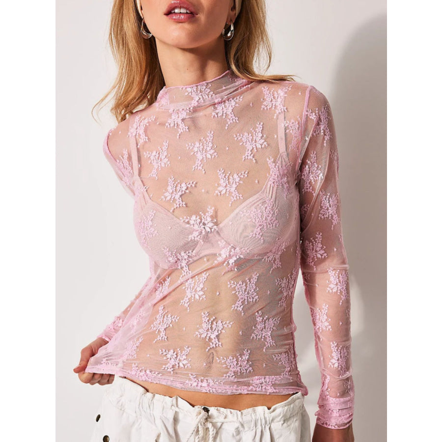 Lace Mock Neck Long Sleeve Blouse Blush Pink / S Apparel and Accessories