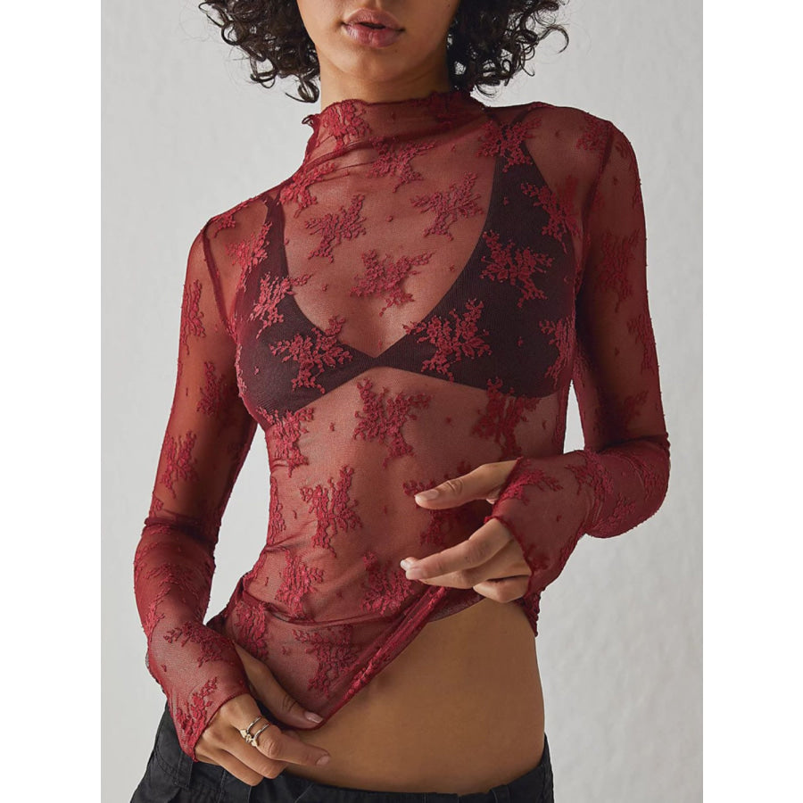 Lace Mock Neck Long Sleeve Blouse Burgundy / S Apparel and Accessories