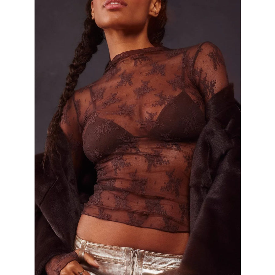 Lace Mock Neck Long Sleeve Blouse Rust / S Apparel and Accessories