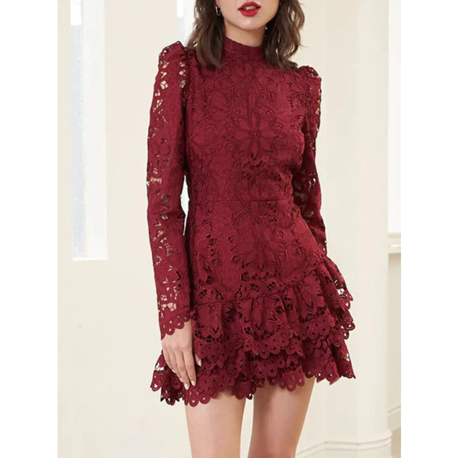 Lace Mock Neck Long Sleeve Mini Dress Burgundy / S Apparel and Accessories