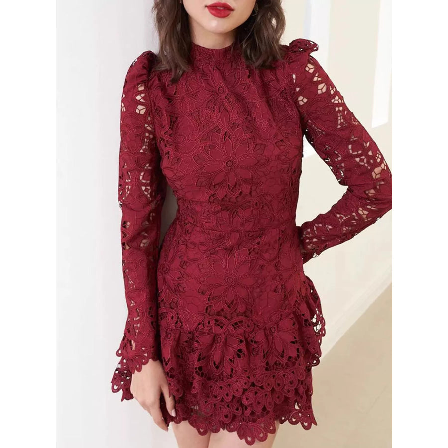 Lace Mock Neck Long Sleeve Mini Dress Burgundy / S Apparel and Accessories