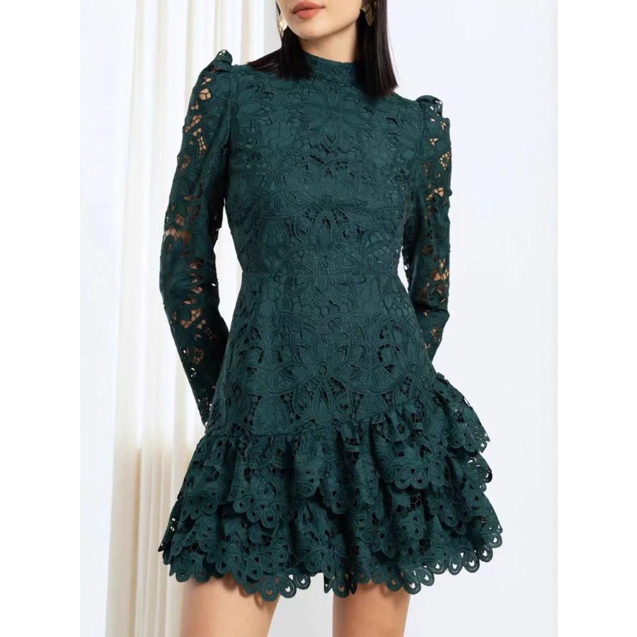 Lace Mock Neck Long Sleeve Mini Dress Dark Green / S Apparel and Accessories