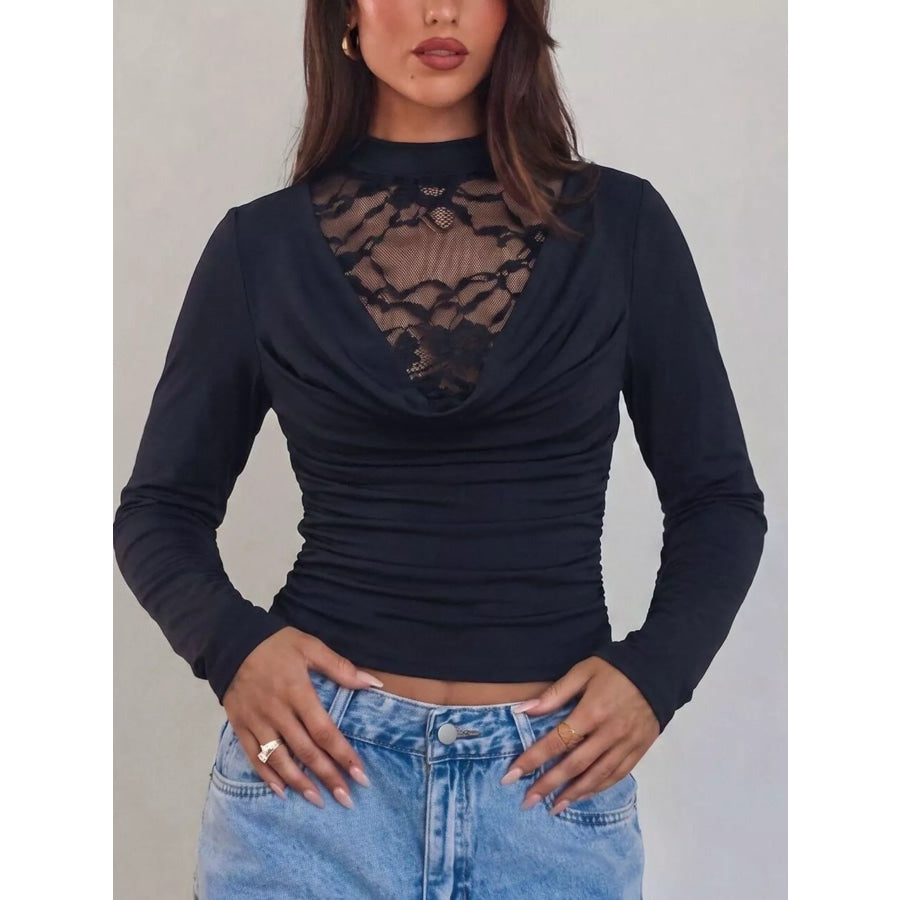 Lace Mock Neck Long Sleeve T-Shirt Apparel and Accessories