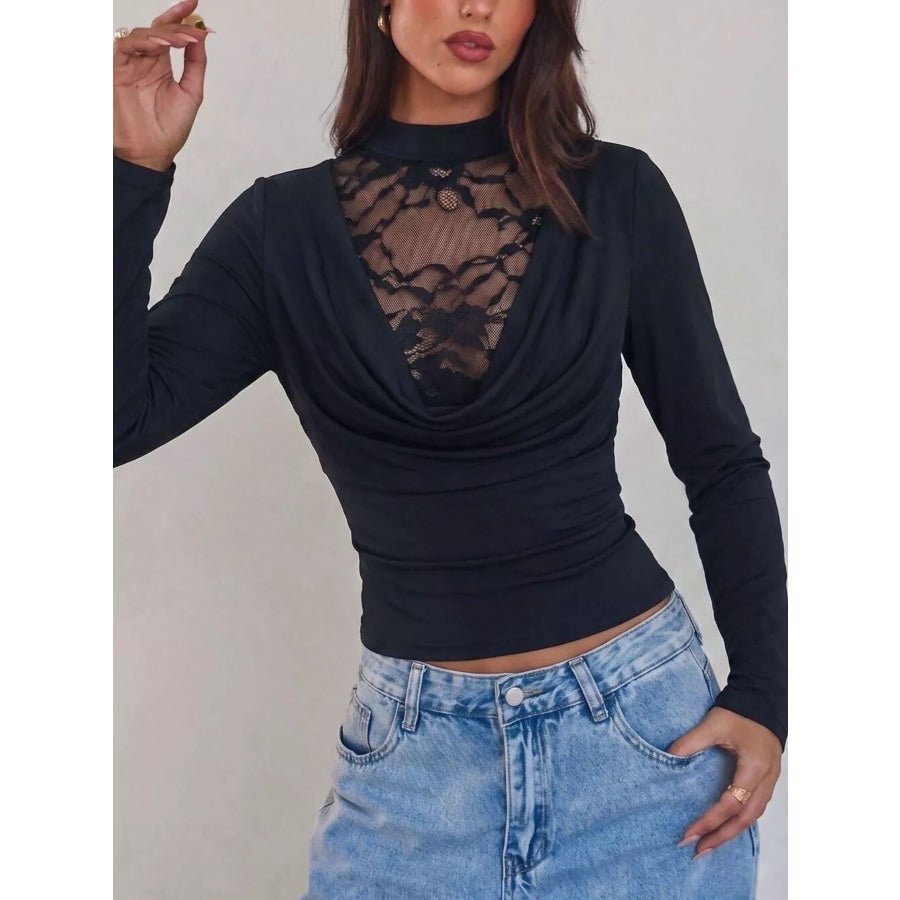 Lace Mock Neck Long Sleeve T-Shirt Black / S Apparel and Accessories