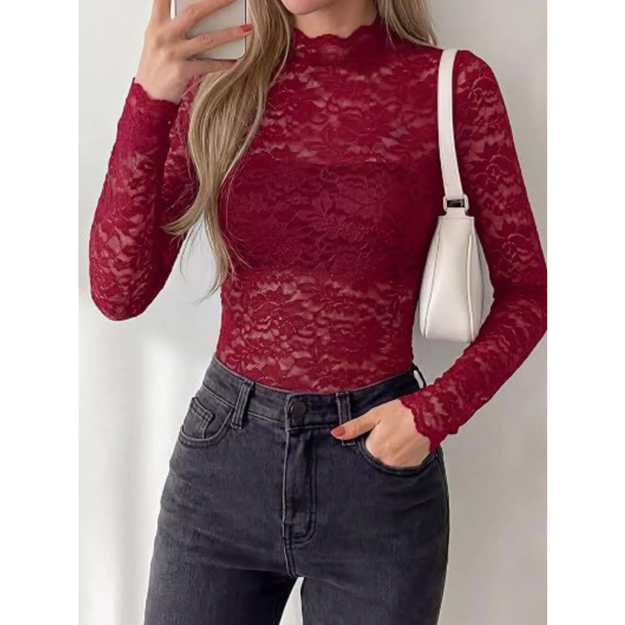 Lace Mock Neck Long Sleeve Top Apparel and Accessories