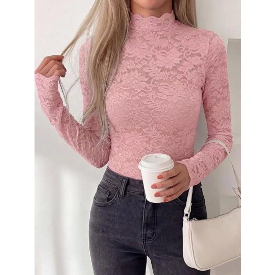 Lace Mock Neck Long Sleeve Top Apparel and Accessories