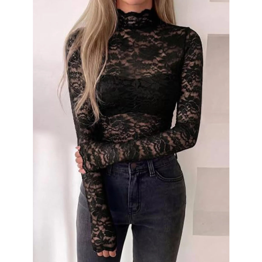 Lace Mock Neck Long Sleeve Top Apparel and Accessories