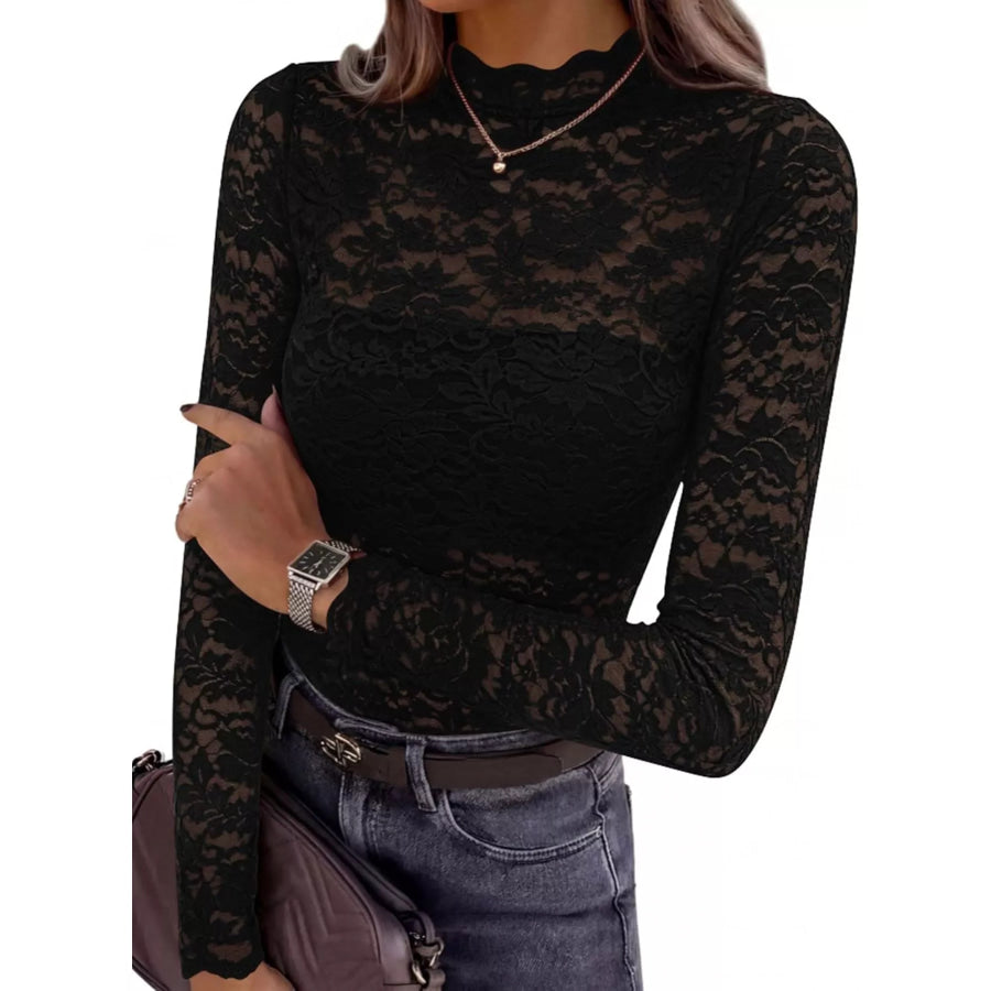 Lace Mock Neck Long Sleeve Top Apparel and Accessories