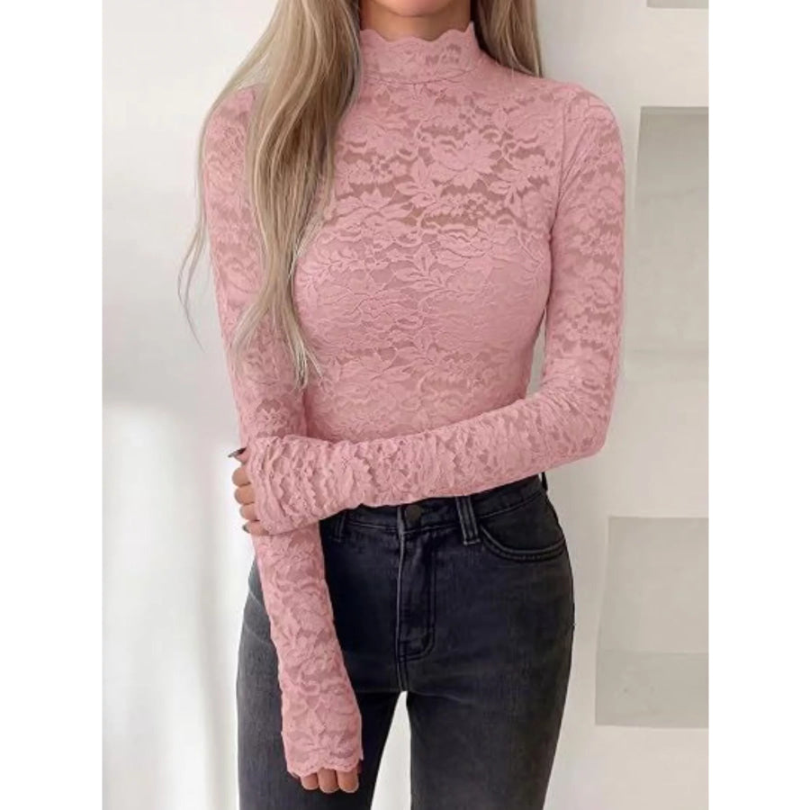 Lace Mock Neck Long Sleeve Top Apparel and Accessories