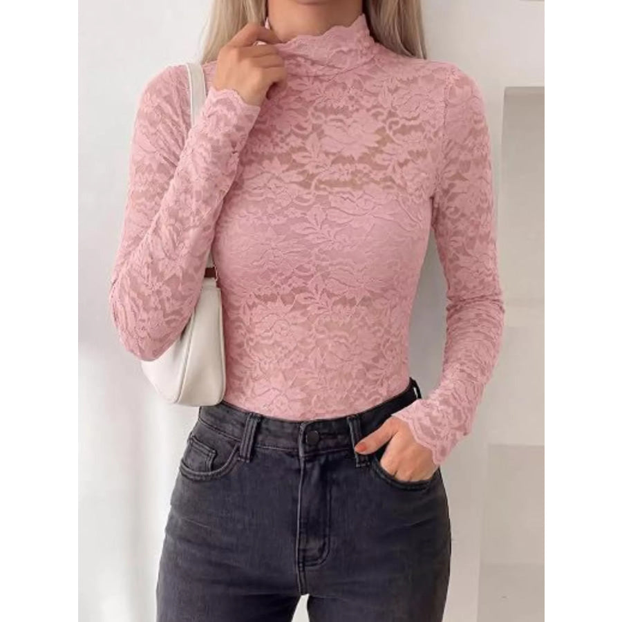 Lace Mock Neck Long Sleeve Top Apparel and Accessories