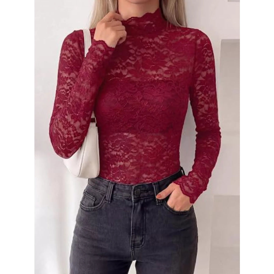 Lace Mock Neck Long Sleeve Top Apparel and Accessories