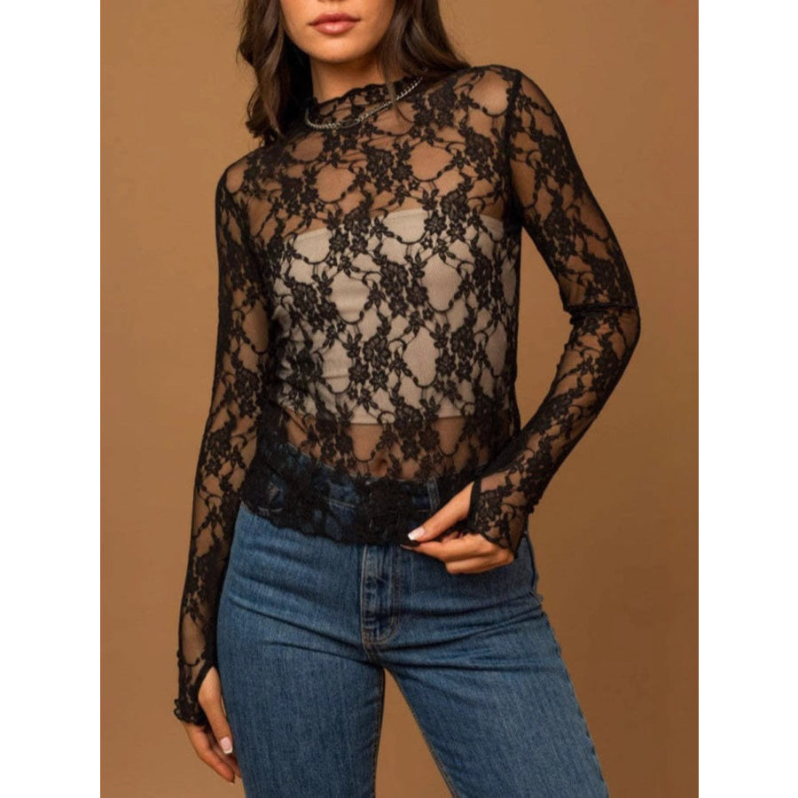 Lace Mock Neck Long Sleeve Top Apparel and Accessories