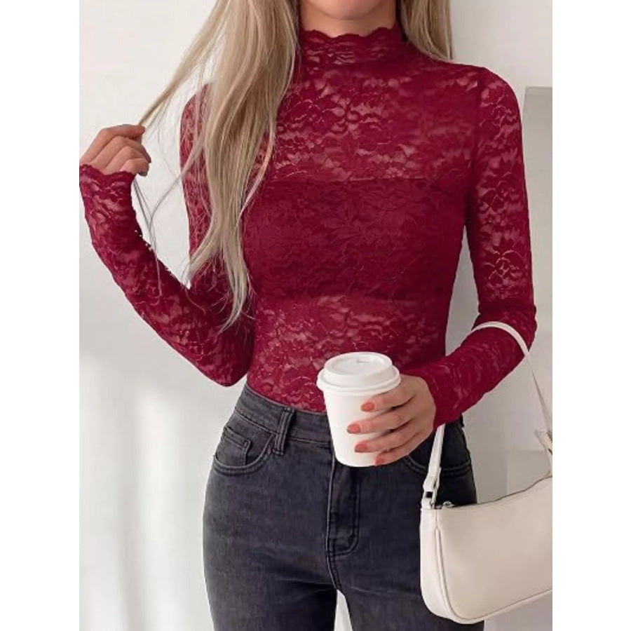 Lace Mock Neck Long Sleeve Top Apparel and Accessories