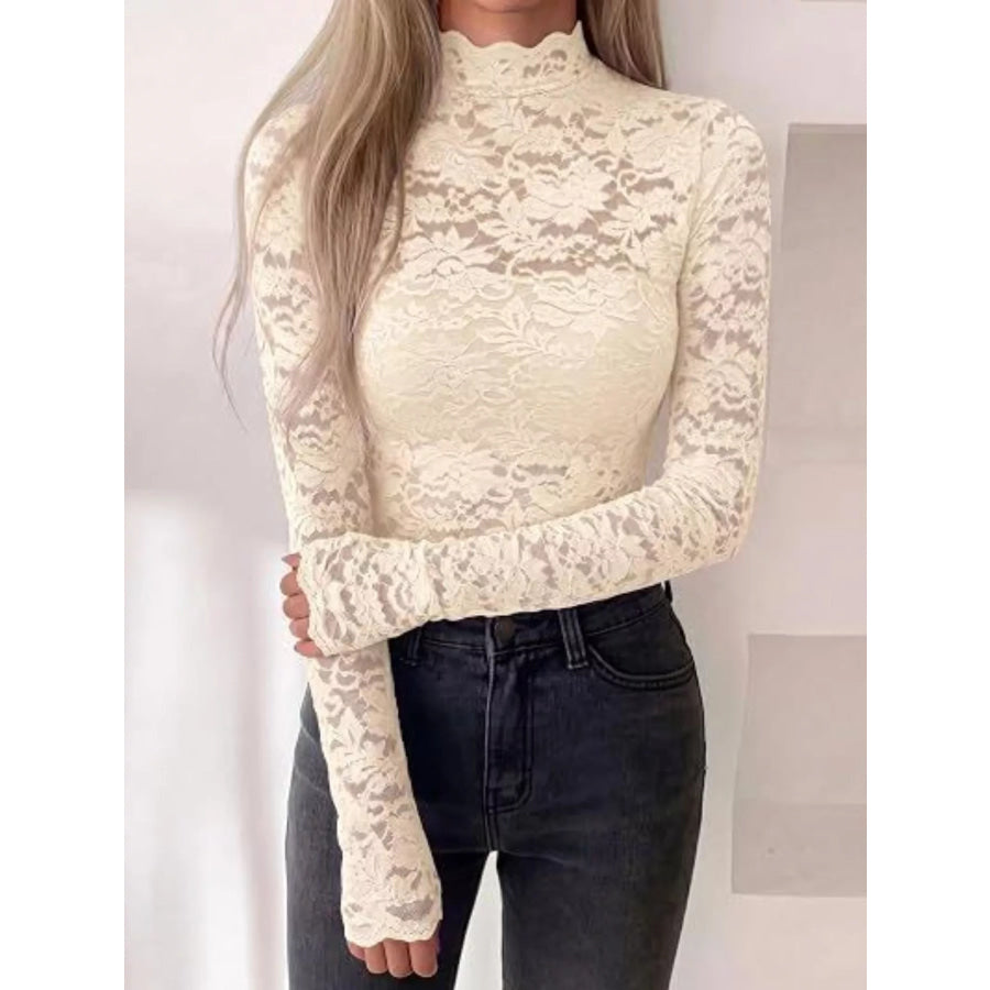 Lace Mock Neck Long Sleeve Top Apparel and Accessories