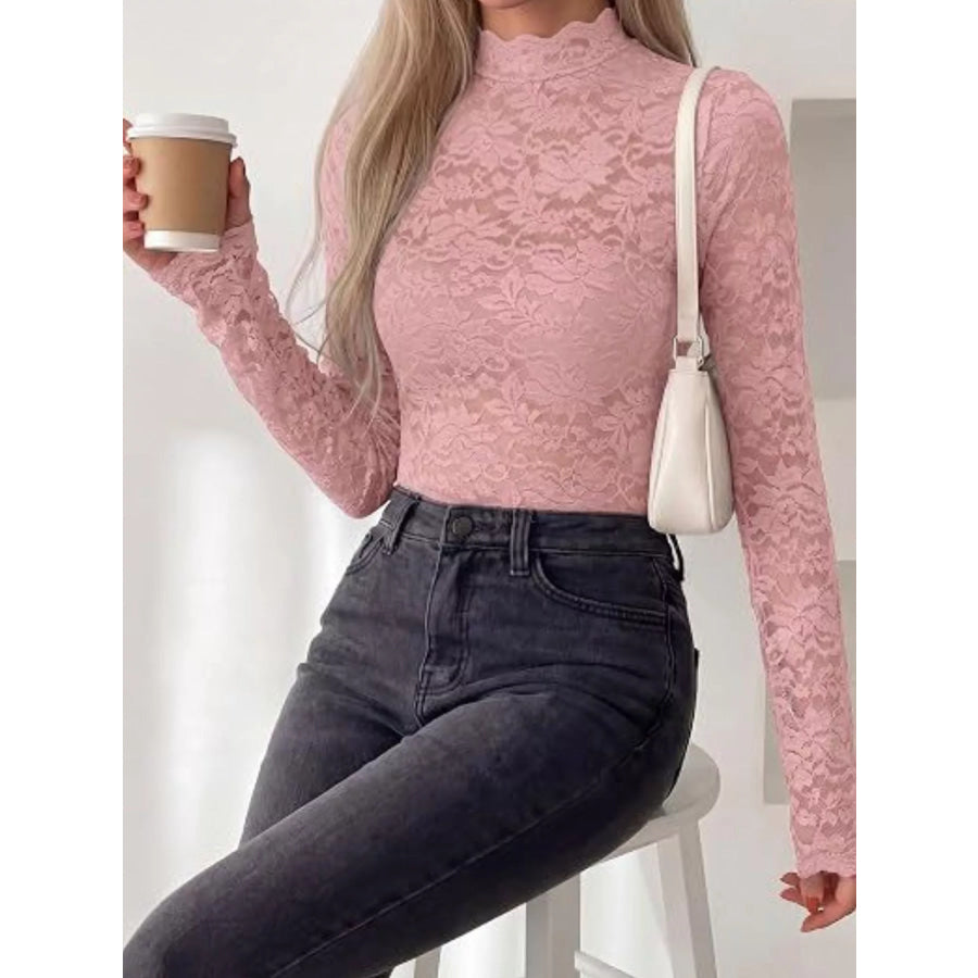 Lace Mock Neck Long Sleeve Top Apparel and Accessories