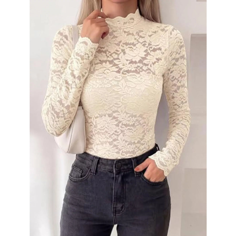 Lace Mock Neck Long Sleeve Top Apparel and Accessories