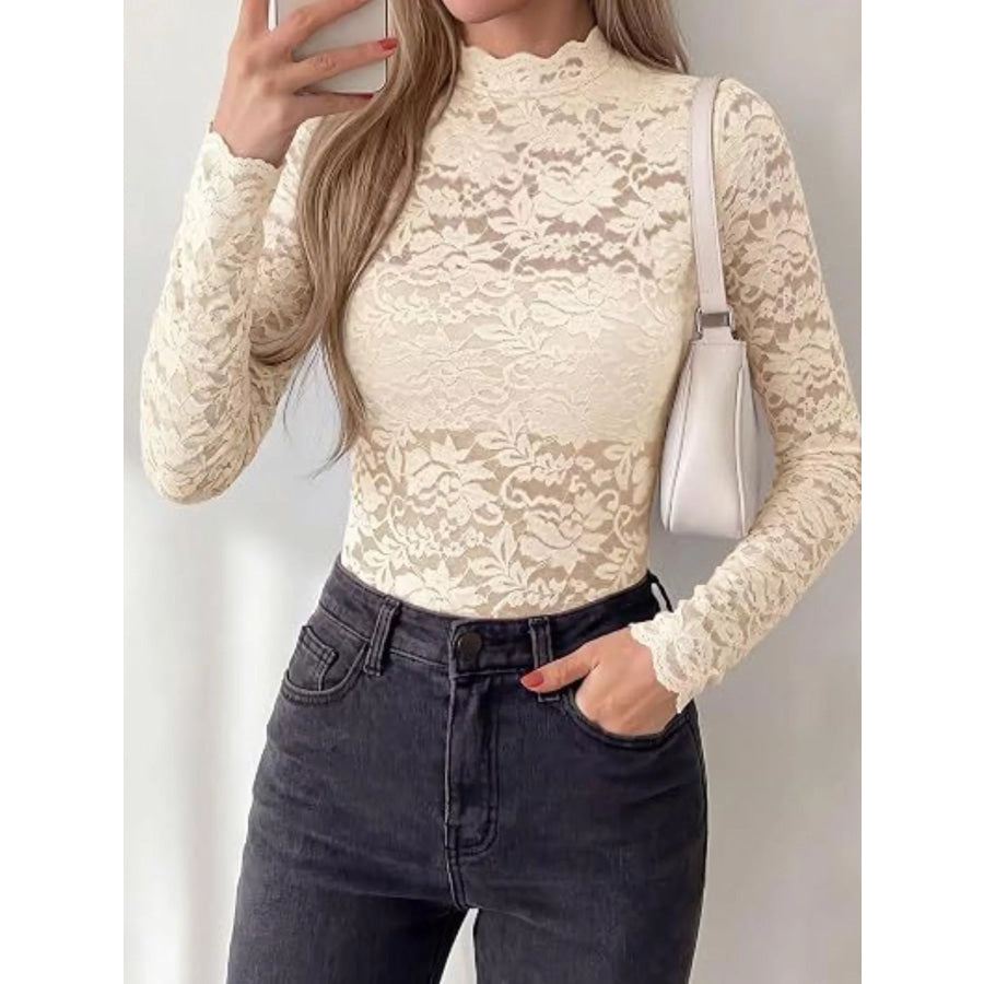 Lace Mock Neck Long Sleeve Top Apparel and Accessories