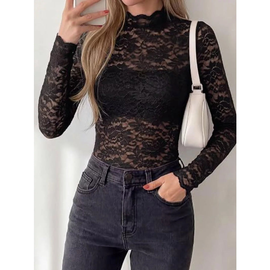 Lace Mock Neck Long Sleeve Top Apparel and Accessories