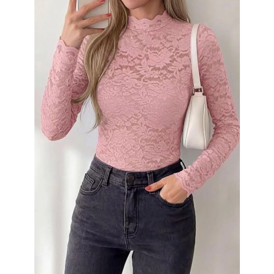 Lace Mock Neck Long Sleeve Top Apparel and Accessories