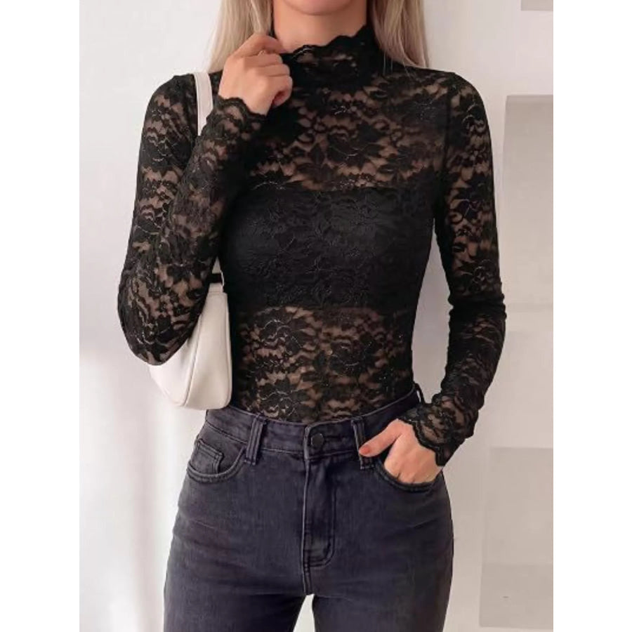 Lace Mock Neck Long Sleeve Top Apparel and Accessories