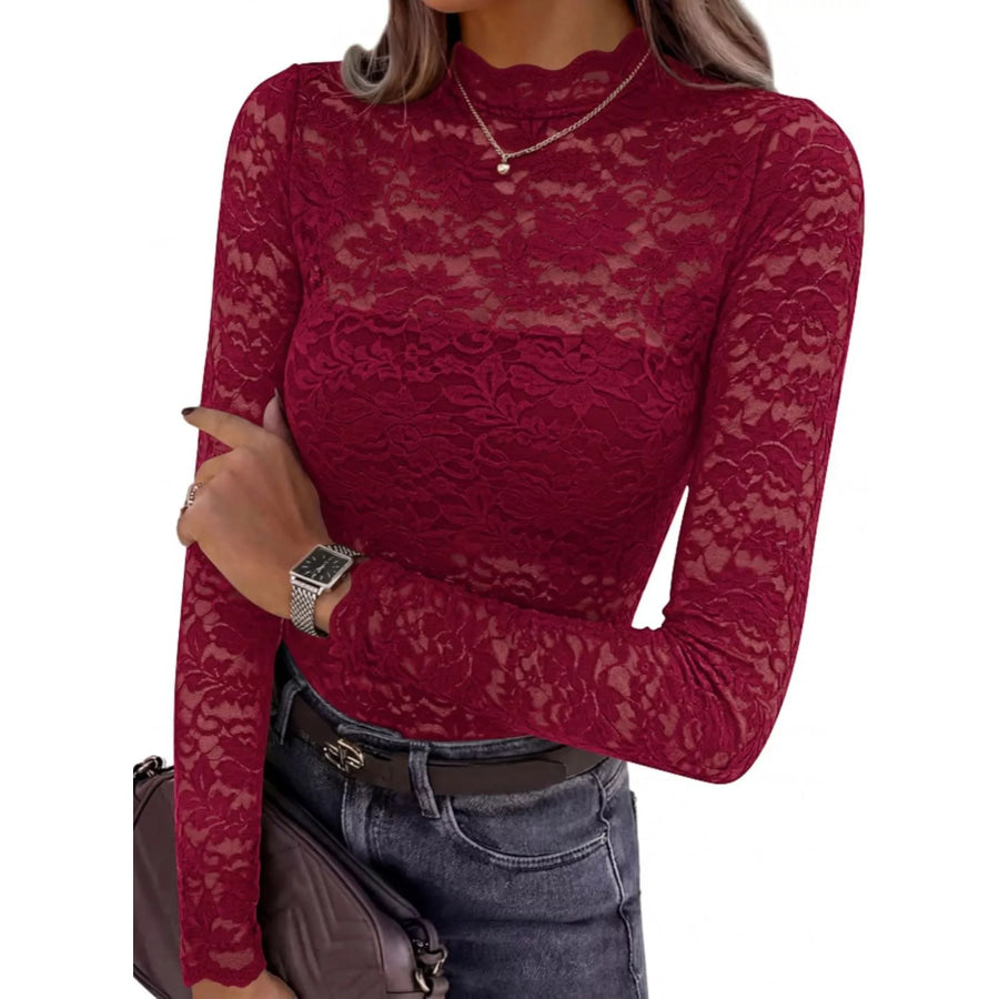 Lace Mock Neck Long Sleeve Top Apparel and Accessories