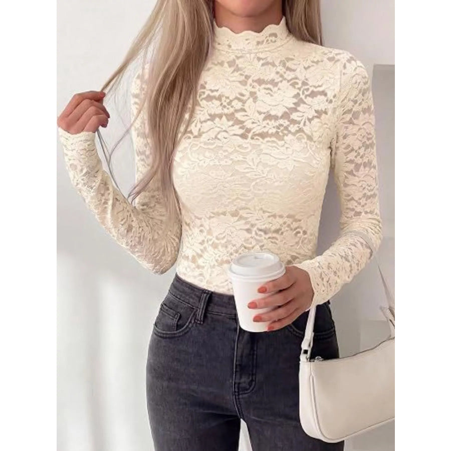 Lace Mock Neck Long Sleeve Top Beige / S Apparel and Accessories