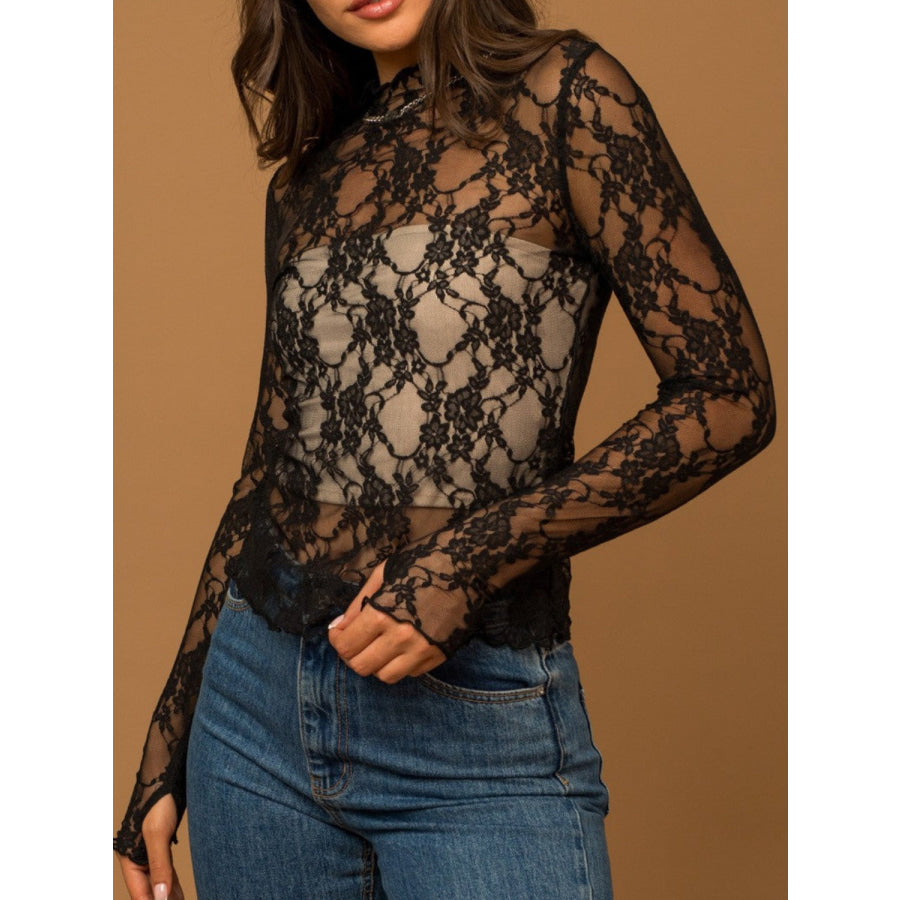 Lace Mock Neck Long Sleeve Top Black / S Apparel and Accessories