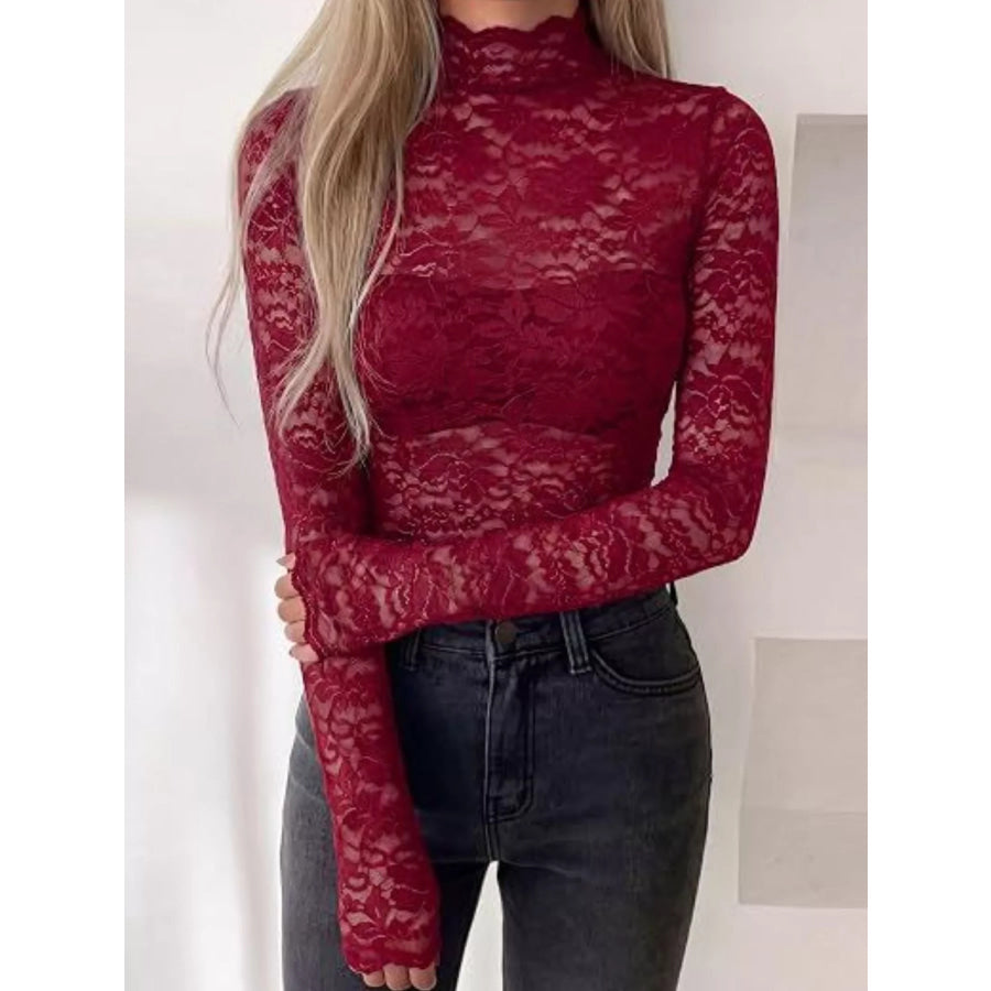Lace Mock Neck Long Sleeve Top Burgundy / S Apparel and Accessories
