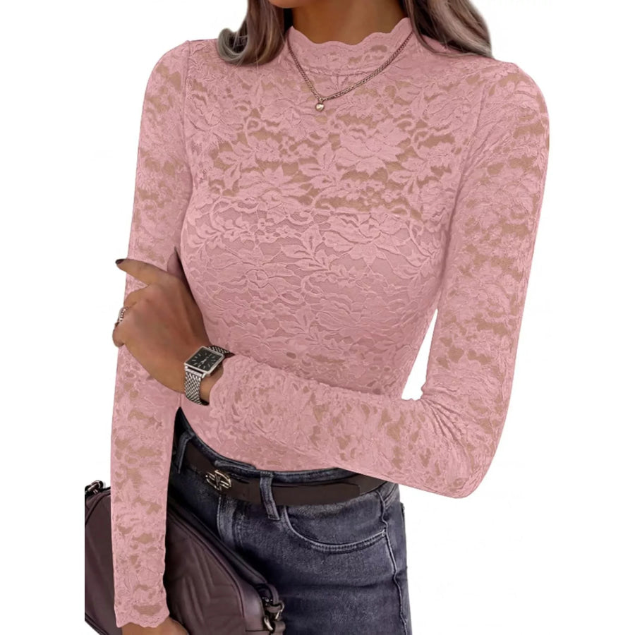 Lace Mock Neck Long Sleeve Top Dusty Pink / S Apparel and Accessories