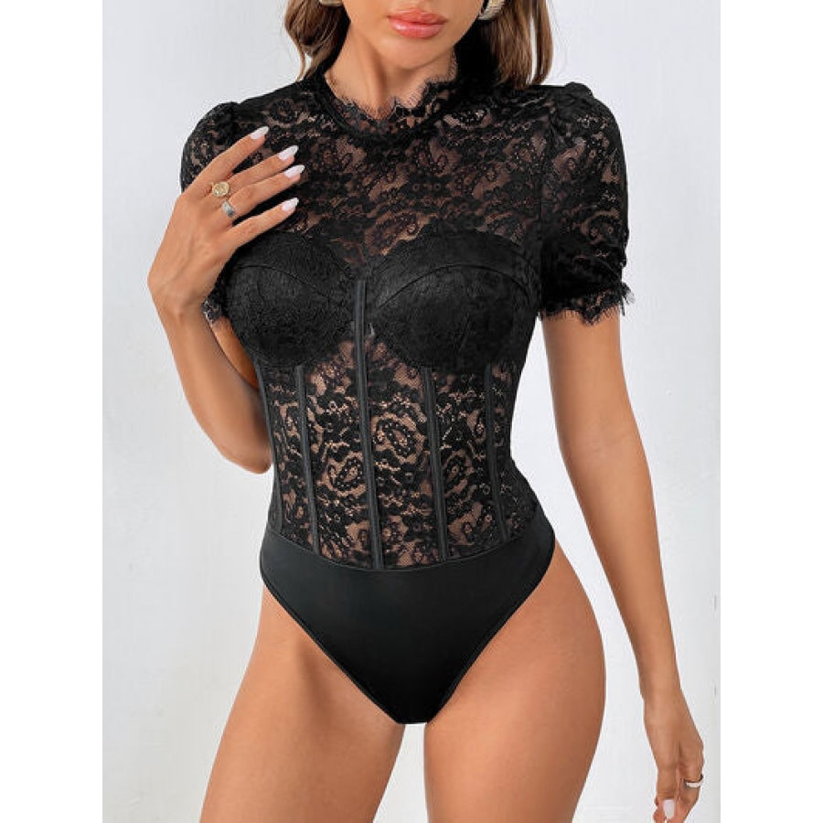 Lace Mock Neck Short Sleeve Bodysuit Apparel and Accessories