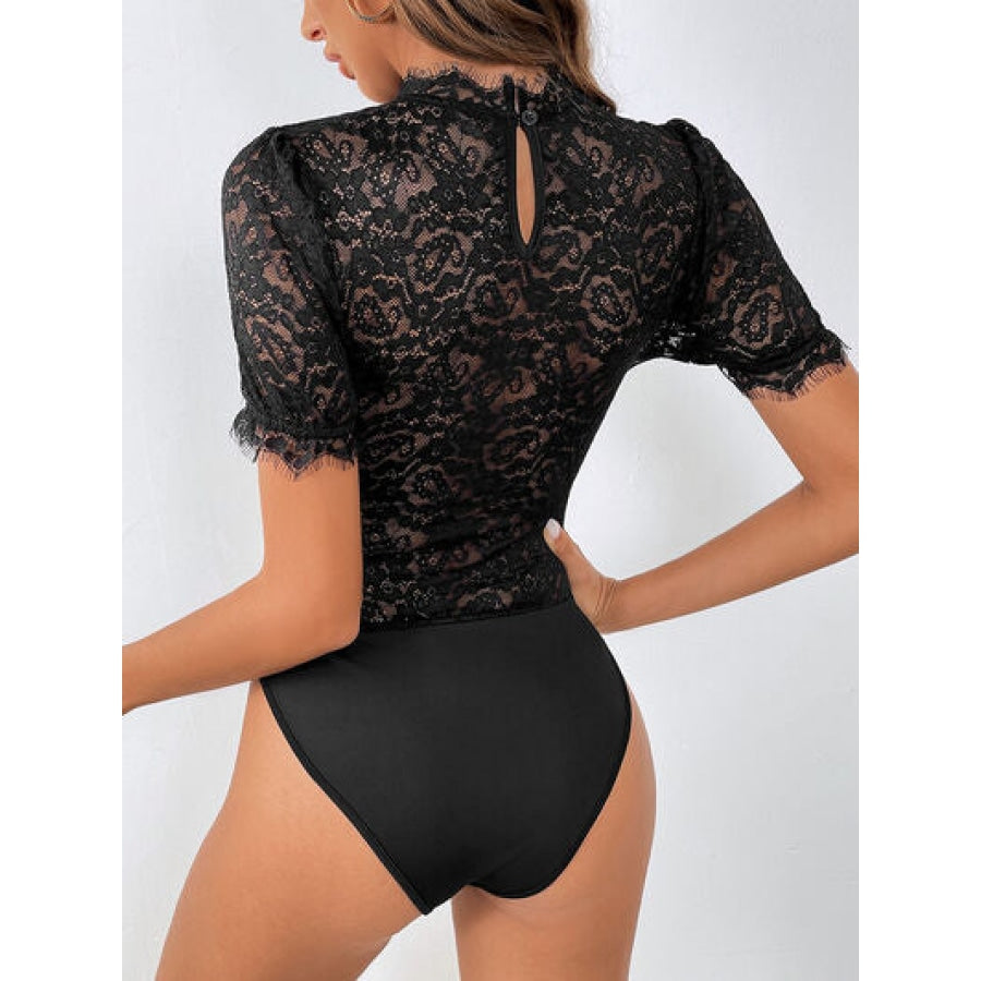 Lace Mock Neck Short Sleeve Bodysuit Apparel and Accessories