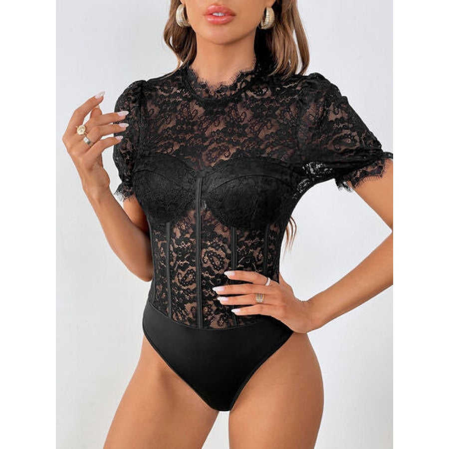 Lace Mock Neck Short Sleeve Bodysuit Black / S Apparel and Accessories