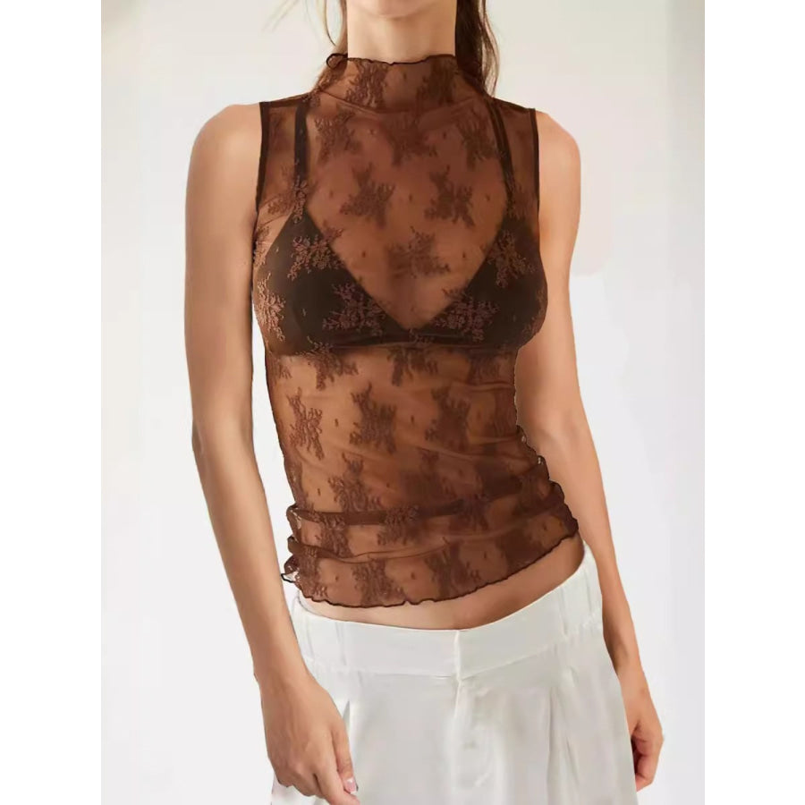 Lace Mock Neck Top Brown / XS Apparel and Accessories