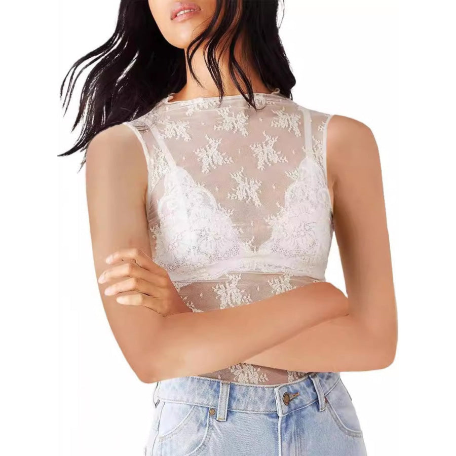 Lace Mock Neck Top White / XS Apparel and Accessories