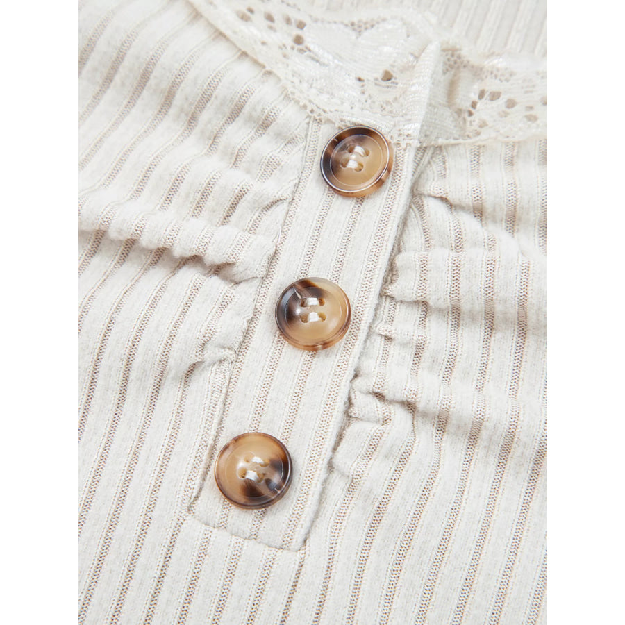 Lace Neckline Button Decor Lettuce Edge Long Sleeve Ribbed Top Apparel and Accessories