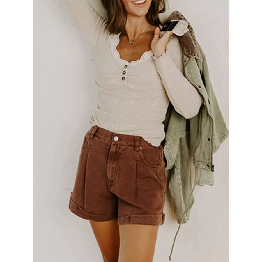 Lace Neckline Button Decor Lettuce Edge Long Sleeve Ribbed Top Apparel and Accessories