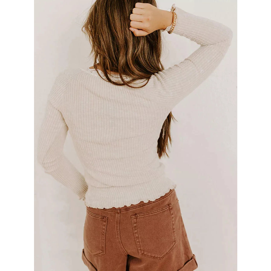 Lace Neckline Button Decor Lettuce Edge Long Sleeve Ribbed Top Apparel and Accessories