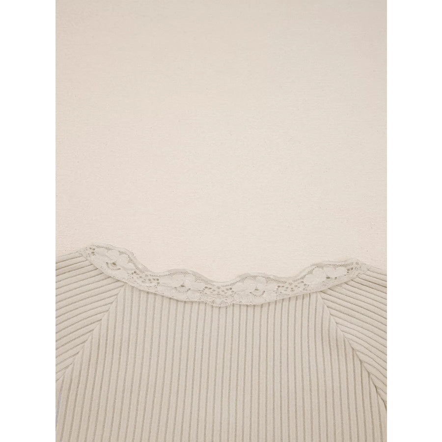 Lace Neckline Button Decor Lettuce Edge Long Sleeve Ribbed Top Apparel and Accessories